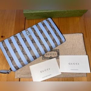 LIMITED EDITION: Gucci Supreme GG Blue Striped Canvas Zip-Around Wallet